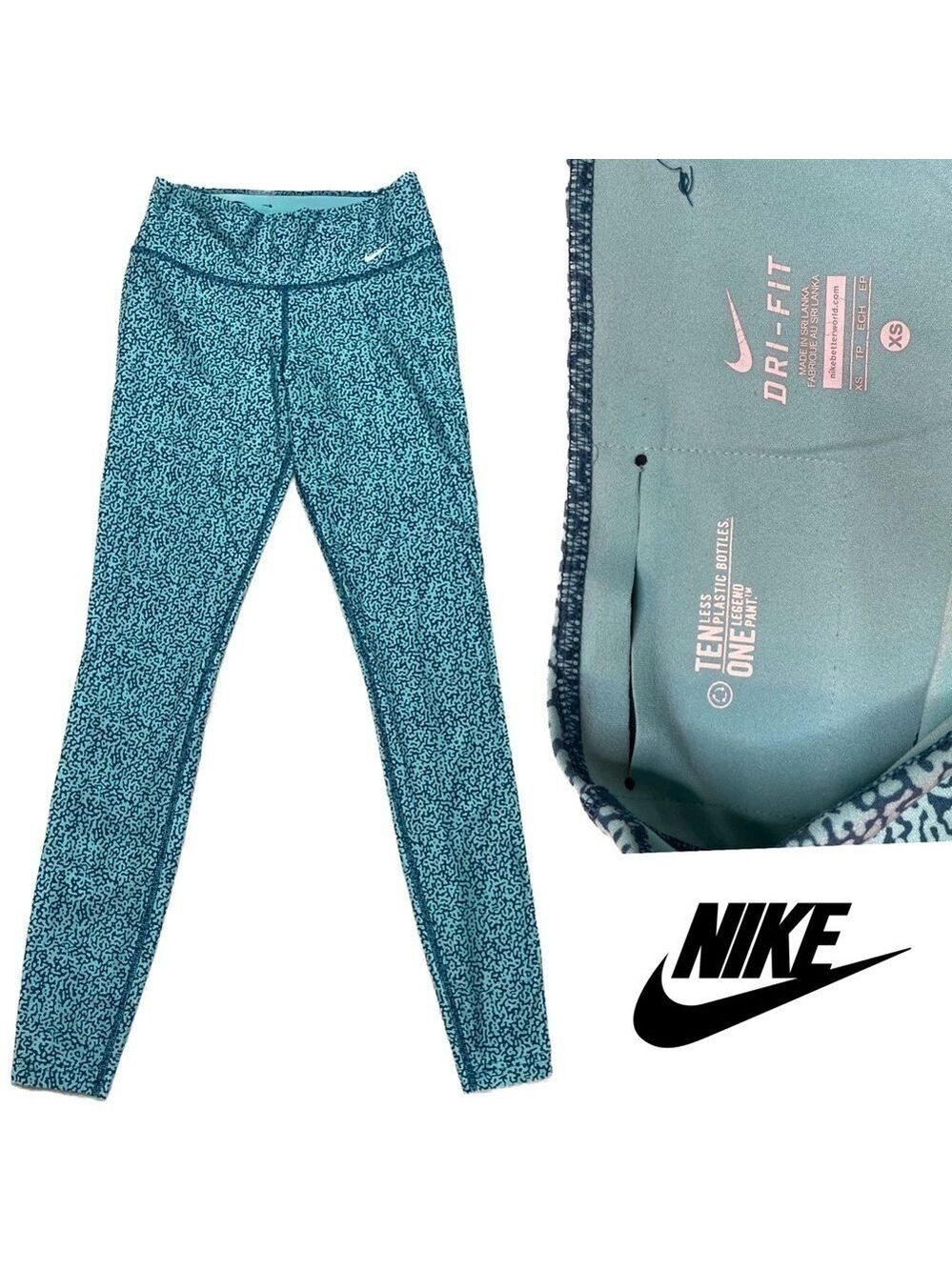 NIKE DRI-FIT LEGGINGS TEAL ONE LEGEND PANT TEN LESS PLASTIC BOTTLES XS